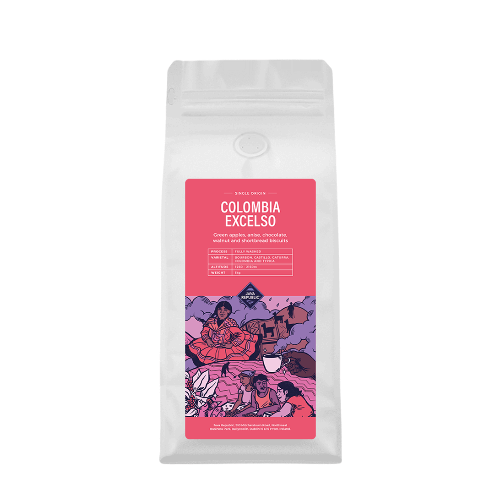 1KG bag of single origin coffee from Colombia called Colombia Excelso - stocked by Java Republic.