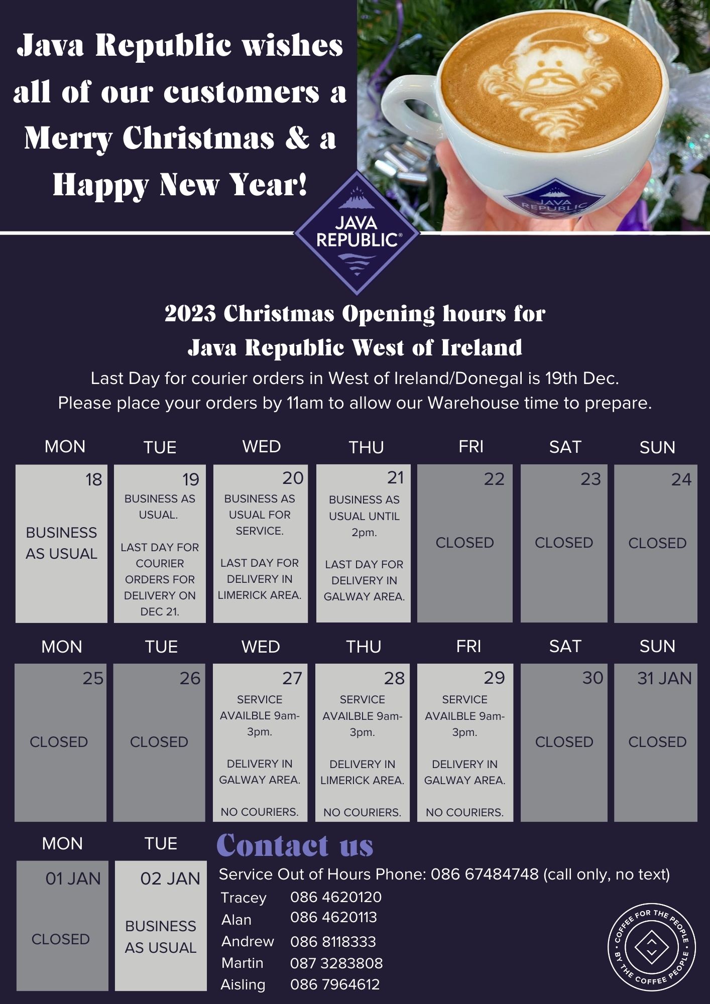 Java Republic Christmas Opening Hours & Delivery Times 2023