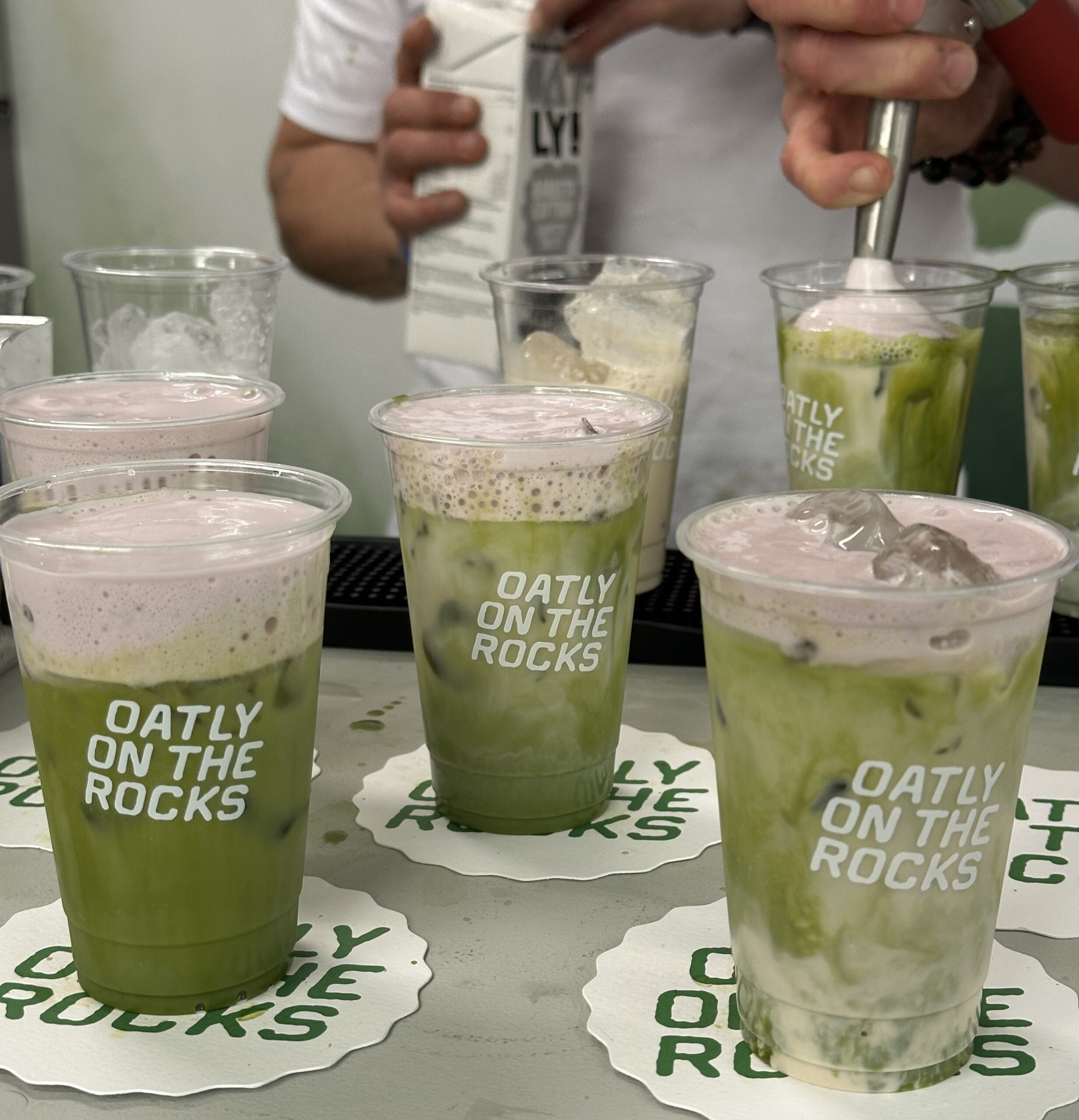 Matcha drinks at the Oatly stand at this year's London Coffee Festival
