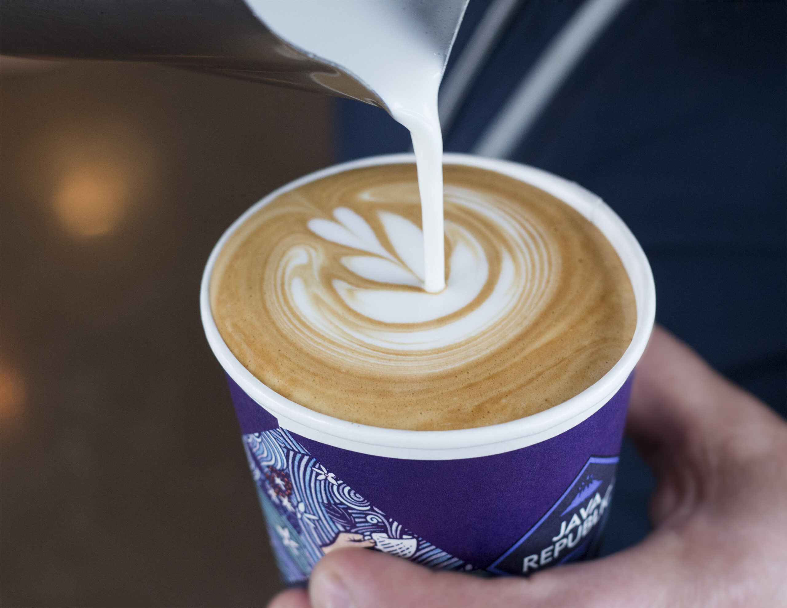 Latte art created in a Java Republic Cup